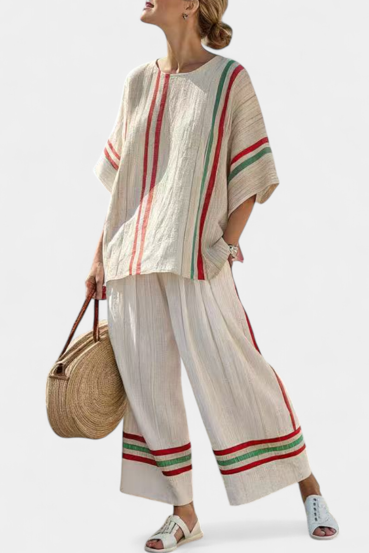 Striped Short Sleeve Top and Wide Leg Pants Two Piece Set 2