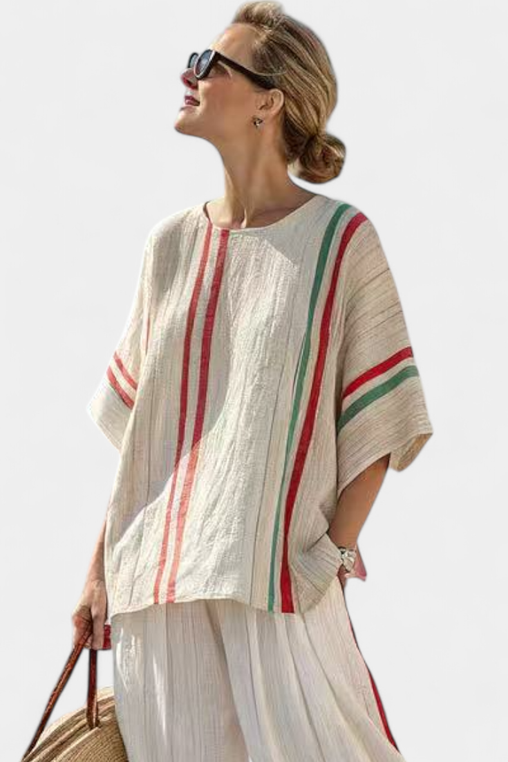Striped Short Sleeve Top and Wide Leg Pants Two Piece Set 3