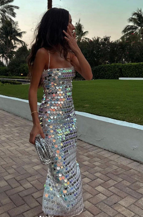 Sequin Spaghetti Strap Column Bodycon Maxi Cocktail Dress - View 4