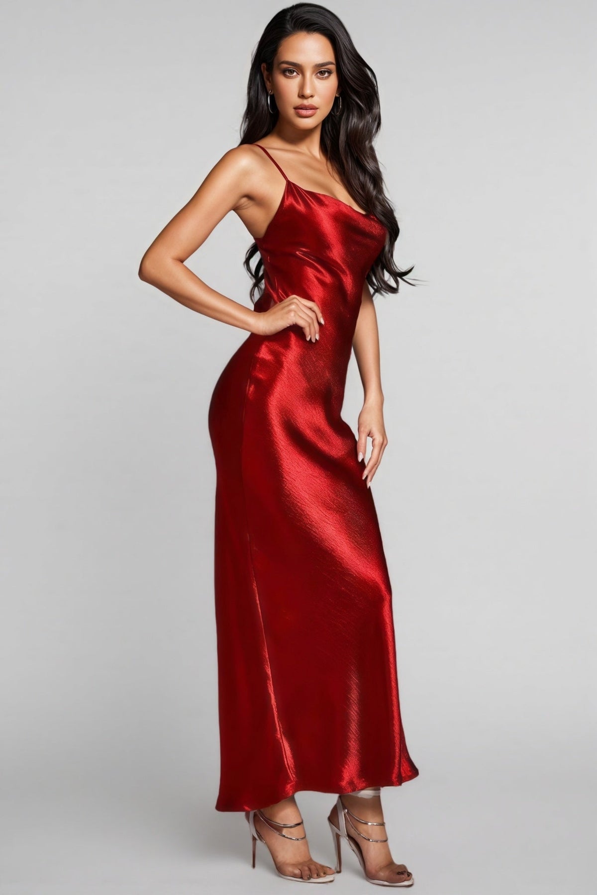 Satin Cowl Neck Spaghetti Strap Fitted Slip Column Maxi Gown - View 3
