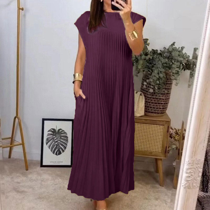 High Neck Cap Sleeve Pleated Loose Maxi Dress 11