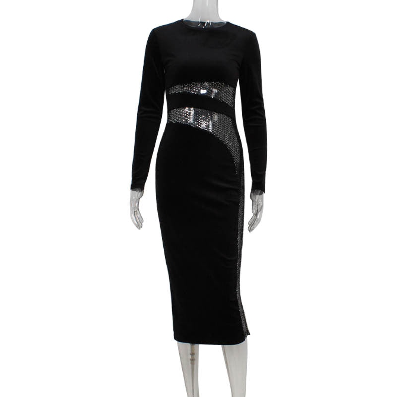 Fall High Sense Sequin Stitching Slim Velvet Sheath Dress Maxi Dress - View 2