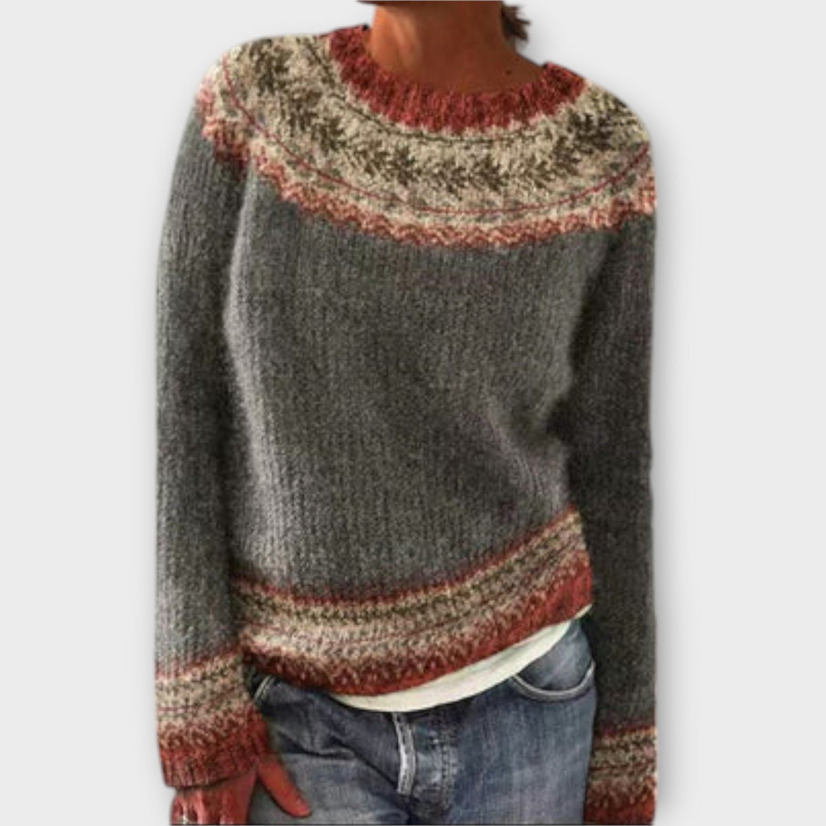 Fair Isle Boat Neck Long Sleeve Knit Sweater 4