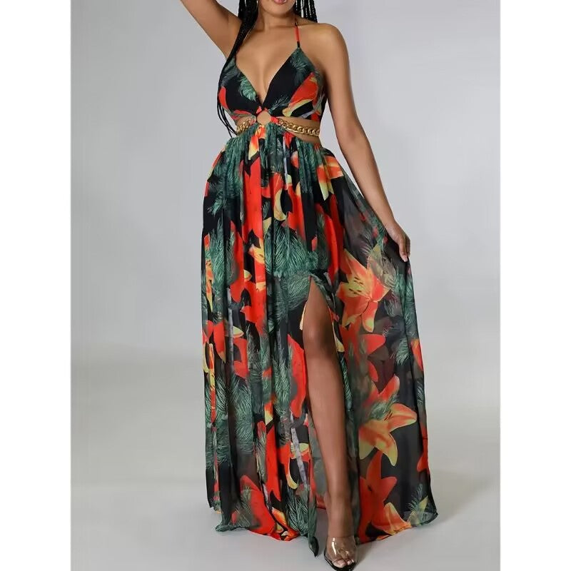 Tropical Floral Halter Deep V-Neck Cut Out High Split Maxi Dress 2
