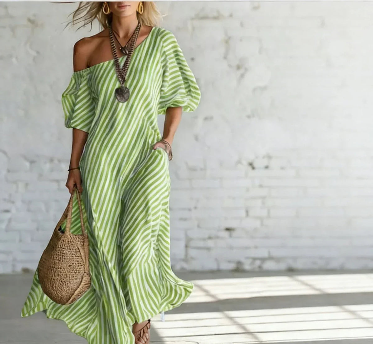 Striped One Shoulder Half Sleeve Loose Maxi Dress 2