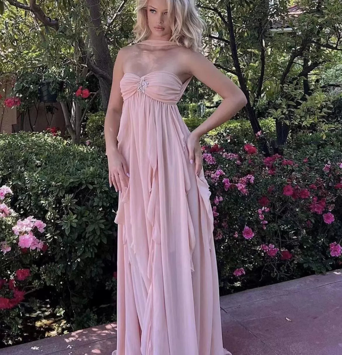 Strapless Ruched Star Embellishment Tiered Ruffle Sheer Maxi Gown - View 2