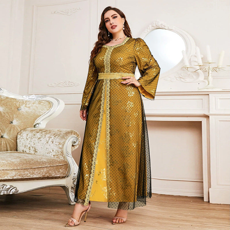 Plus Size High Waist Loose Long Sleeve Mesh A line Dress - View 2