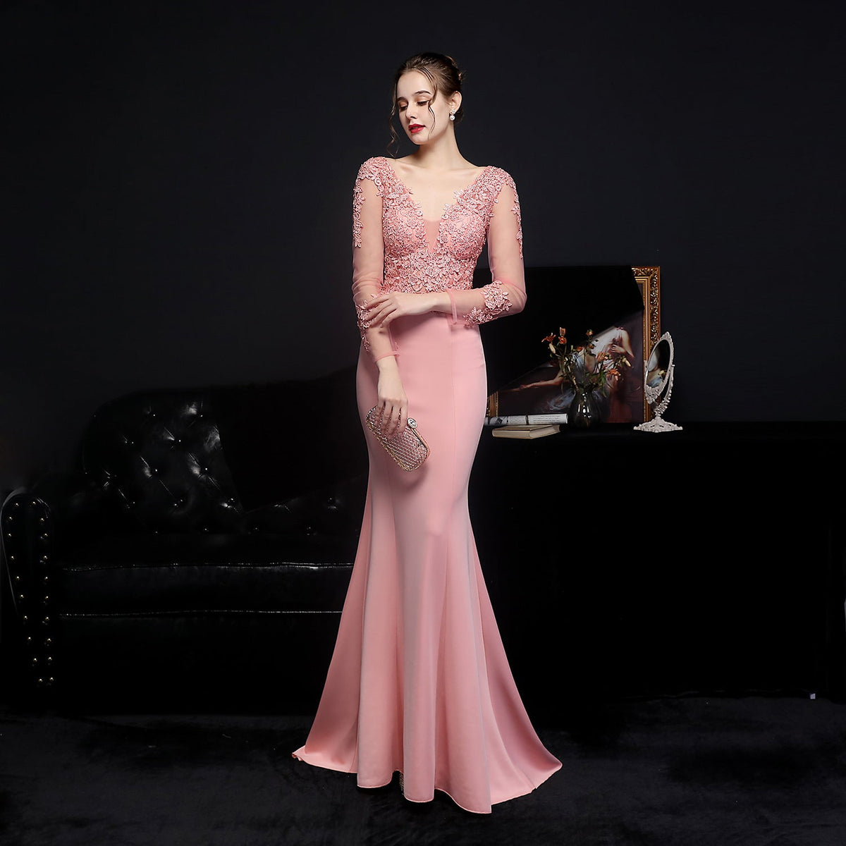 Lace V-Neck Long Sleeve Beaded Mermaid Maxi Gown