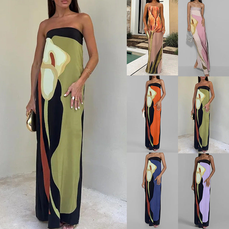 Strapless Floral Print Column Maxi Gown