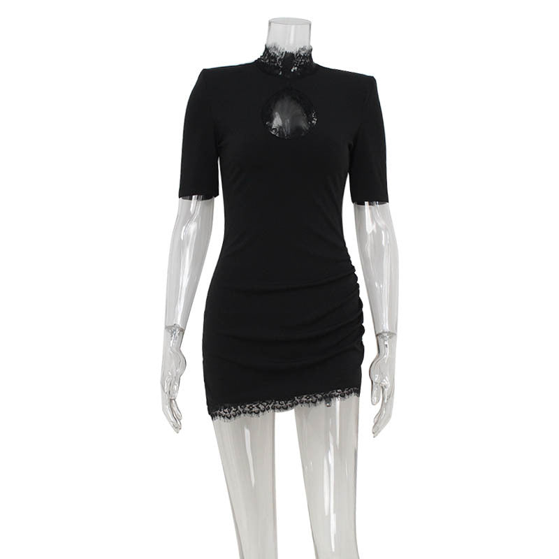 Lace Trim Mock Neck Keyhole Cut Out Ruched Bodycon Mini Dress - View 4