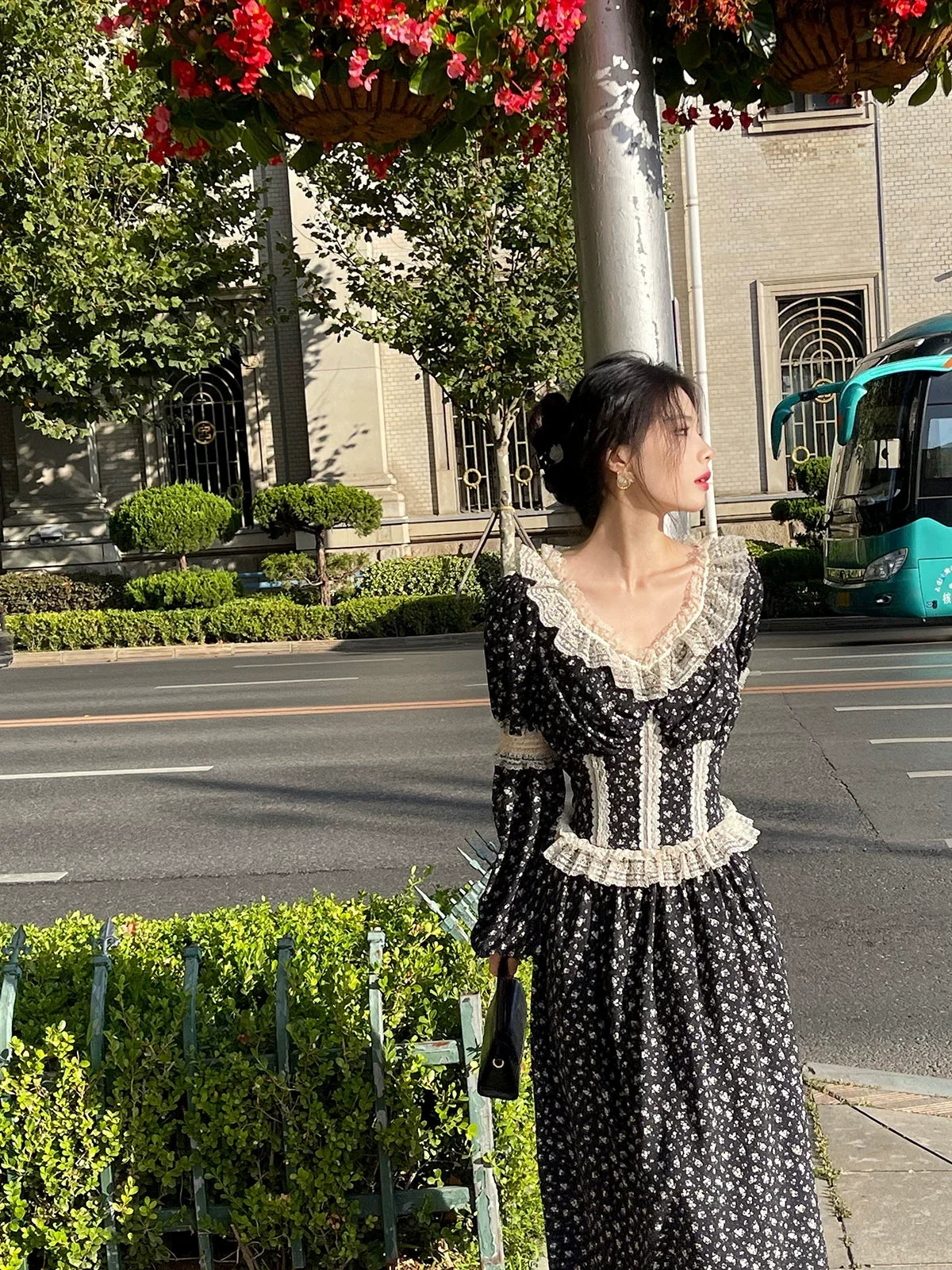 Floral Long Sleeve Lace Trim Square Neck Maxi Dress 2