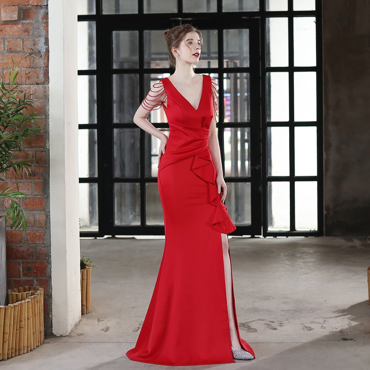 Deep V-Neck Beaded Shoulder Fringe Wrap Waist Side Maxi Gown - View 7