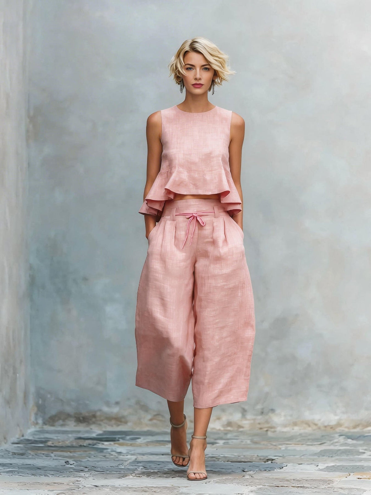 Sleeveless Ruffle Hem Top and Wide Leg Cropped Pants Two Piece Set 3