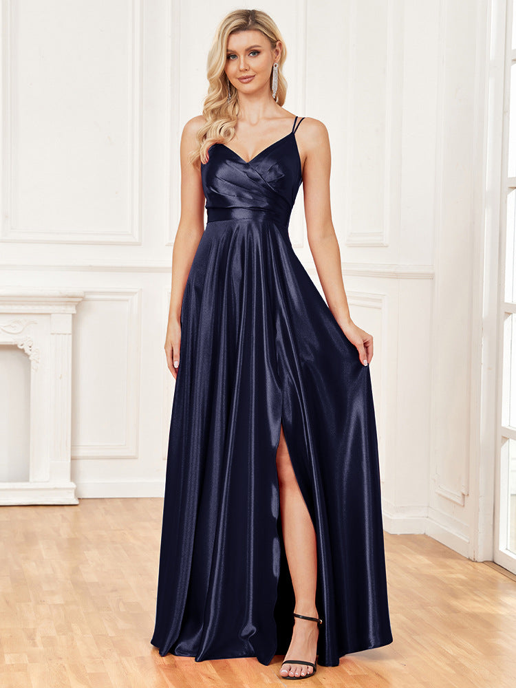 Satin Spaghetti Strap V-Neck Ruched A-Line Maxi Dress - View 3