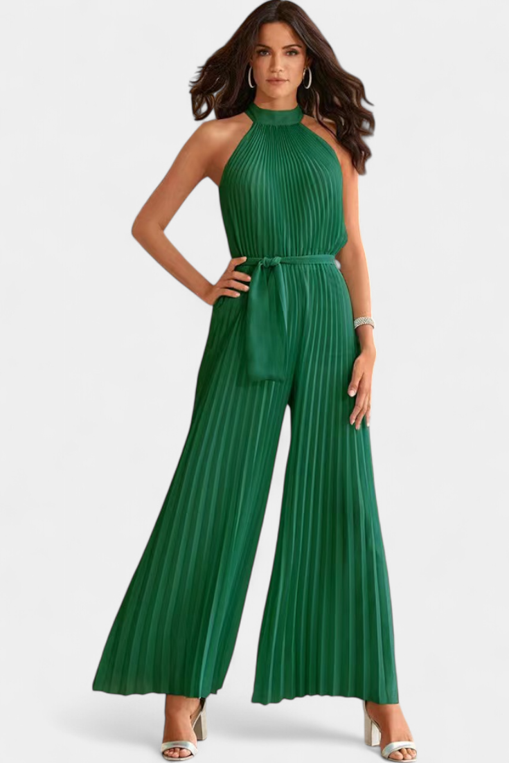 Halter Neck Pleated Belted Wide Leg Jumpsuit 4