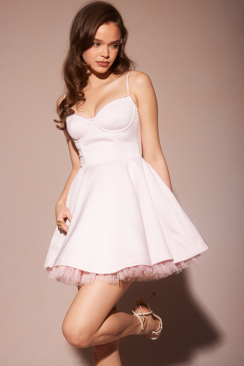 Satin Sweetheart Lace Trim Tulle Mini Dress
