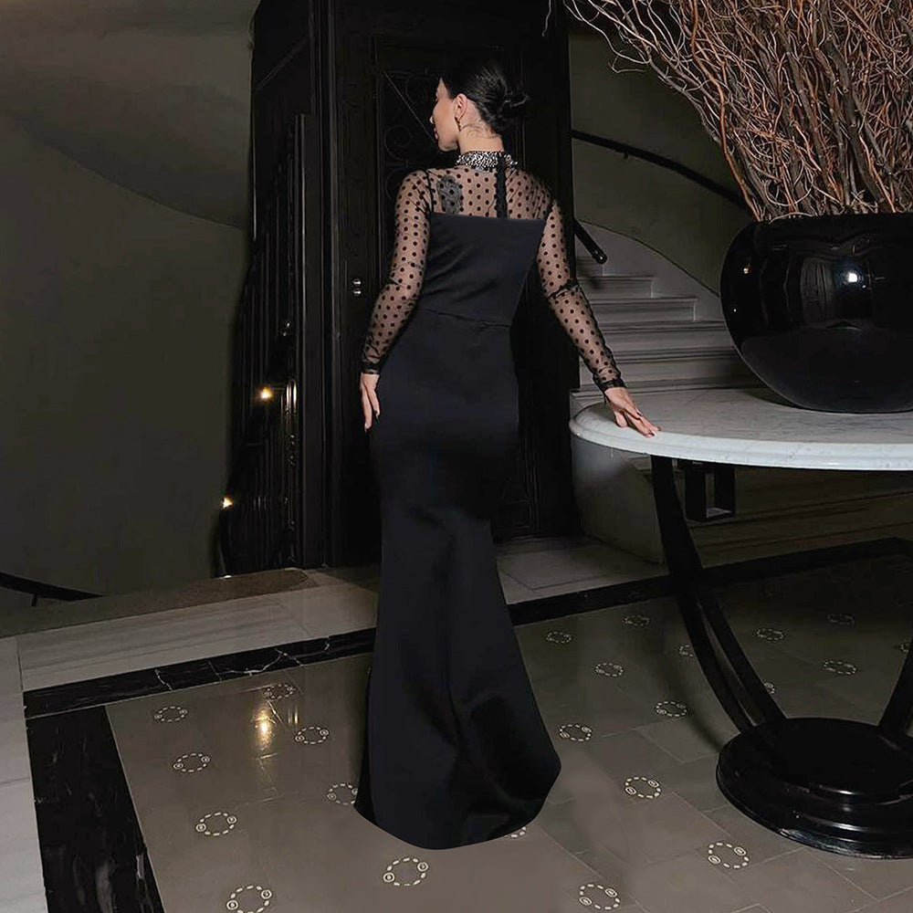 Mock Neck Rhinestone Sweetheart Bodice Sheer Dot Mesh Maxi Gown - View 3