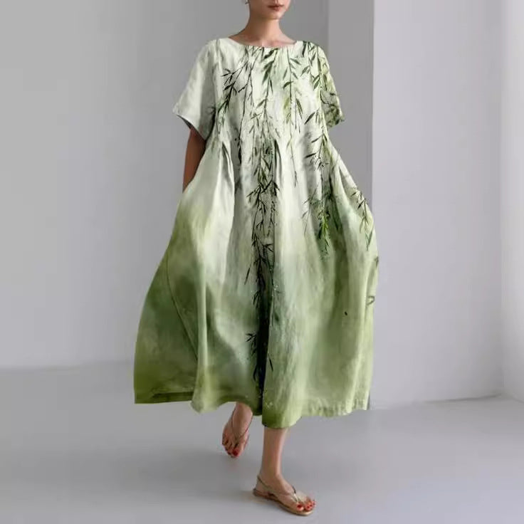 Floral Print Round Neck Drop Shoulder Short Sleeve Maxi Dress - View 4