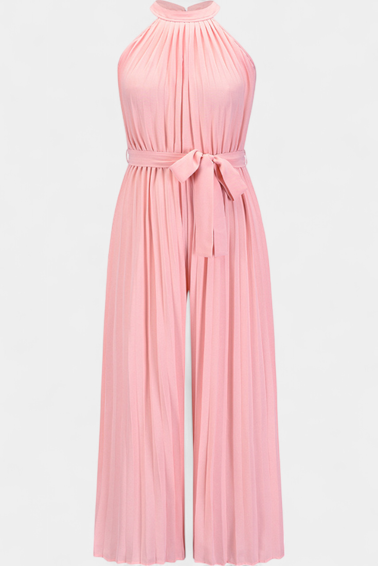 Halter Neck Pleated Belted Wide Leg Jumpsuit 13