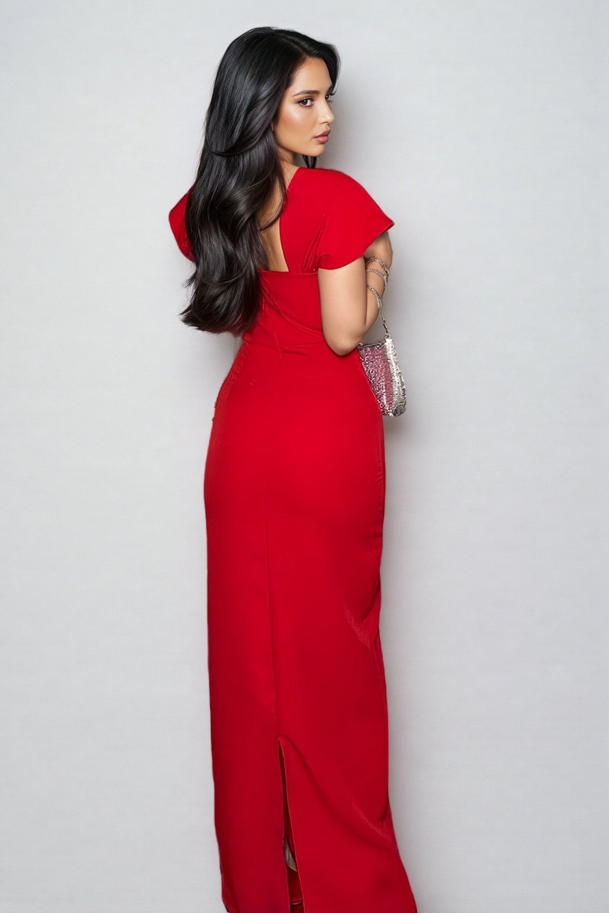 Crystal Trim Square Neck Petal Sleeve Bodycon Maxi Gown - View 4