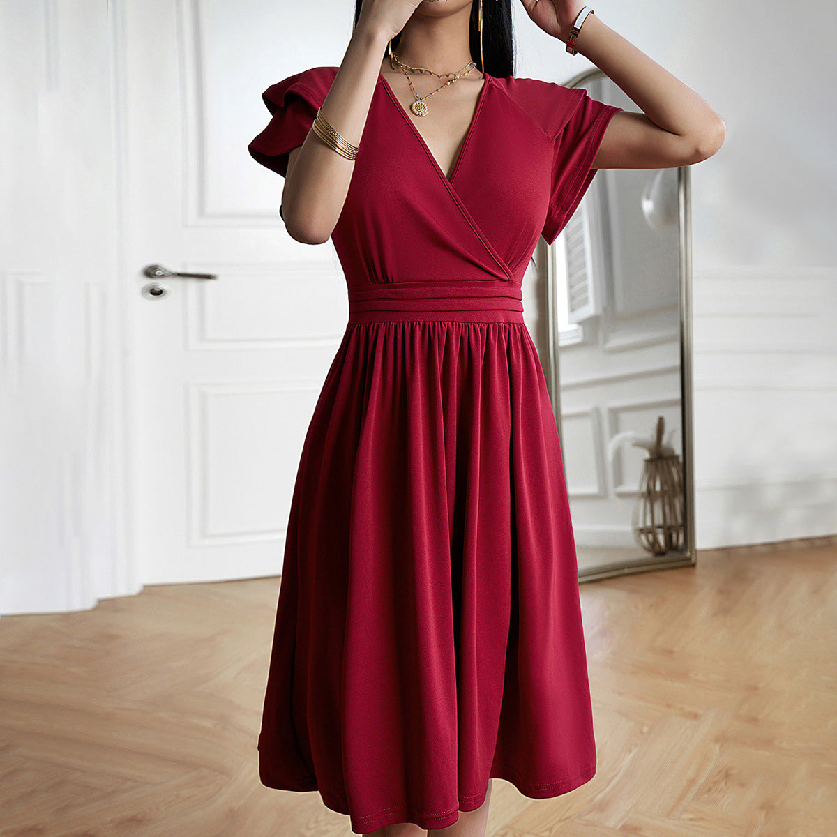 V-Neck Flutter Sleeve Wrap Pleated Waistband Fit and Flare Midi Dress