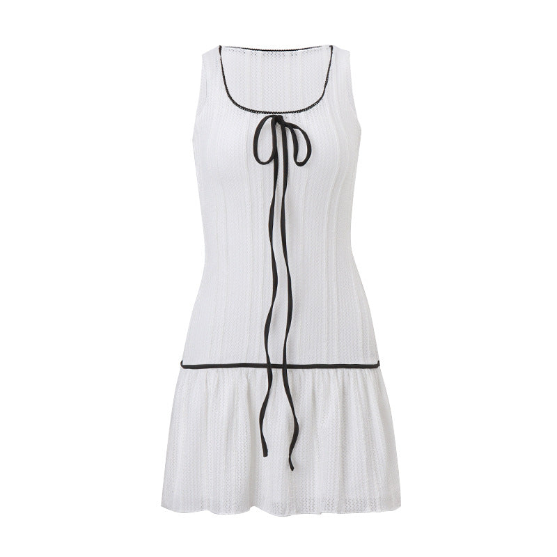Pointelle Knit Ribbon Bow Drop Waist Pleated Mini Dress - View 6