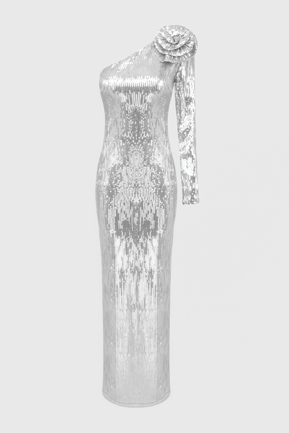 Sequin One Shoulder Long Sleeve 3D Flower Maxi Gown - View 4