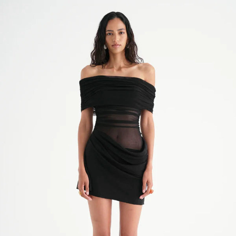 Off Shoulder Ruched Mesh Panel Draped Wrap Bodycon Mini Dress - View 5