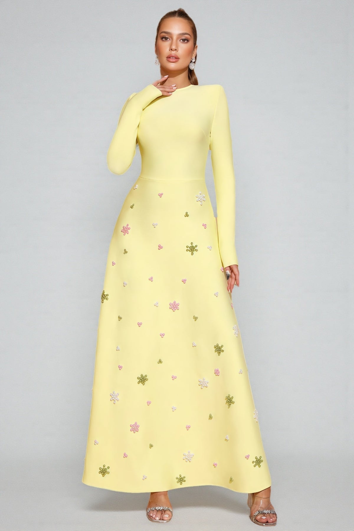 Long Sleeve Crew Neck Beaded Floral Applique A-Line Maxi Gown - View 5