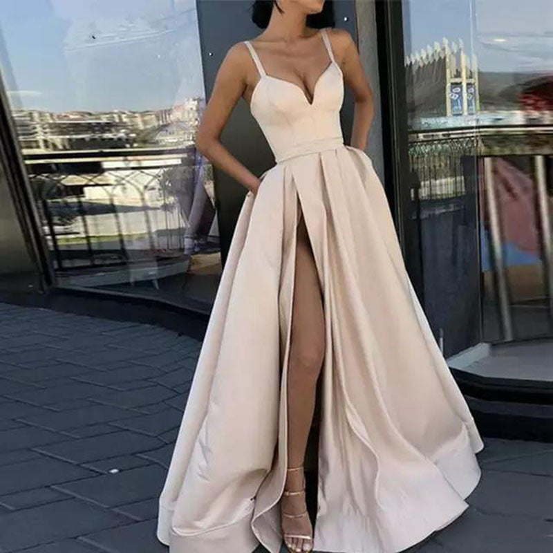 Satin Plunging V-Neck Spaghetti Strap Pleated Pocket Maxi Gown