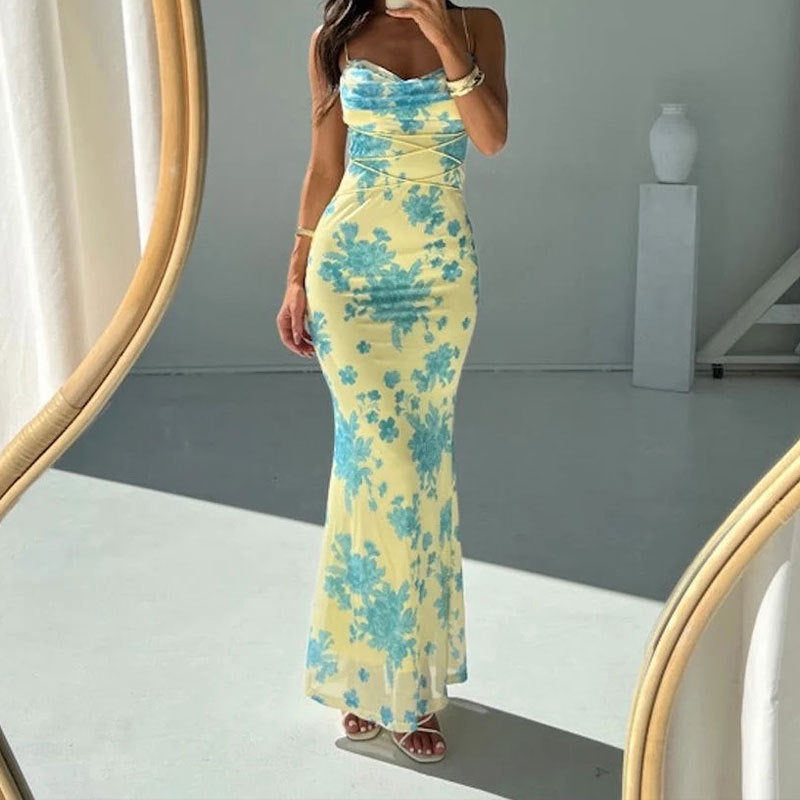 Floral Print Spaghetti Strap Backless Bodycon Maxi Gown - View 4