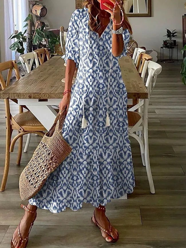 V-Neck Tassel Tie Short Sleeve Tiered Ruffle Hem Maxi Dress - View 6