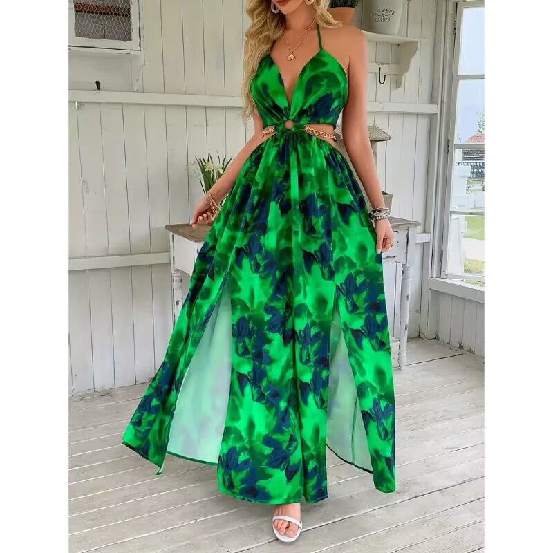 Tropical Floral Halter Deep V-Neck Cut Out High Split Maxi Dress 6