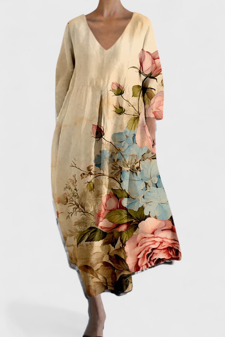 Abstract Print V-Neck Three Quarter Sleeve Oversized Maxi Dress 7