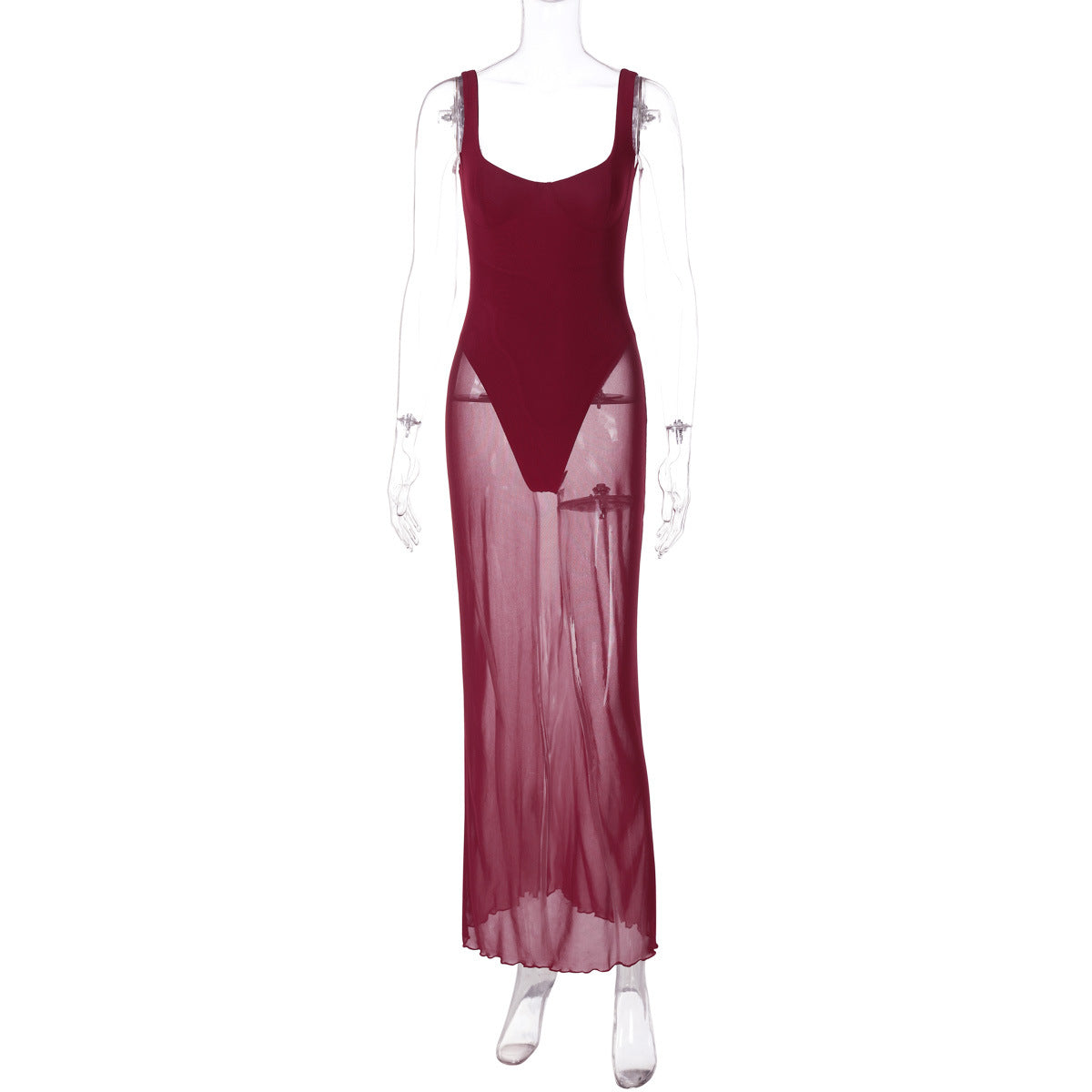Bustier Scoop Neck Thick Strap Sheer Skirt Bodycon Maxi Gown - View 5