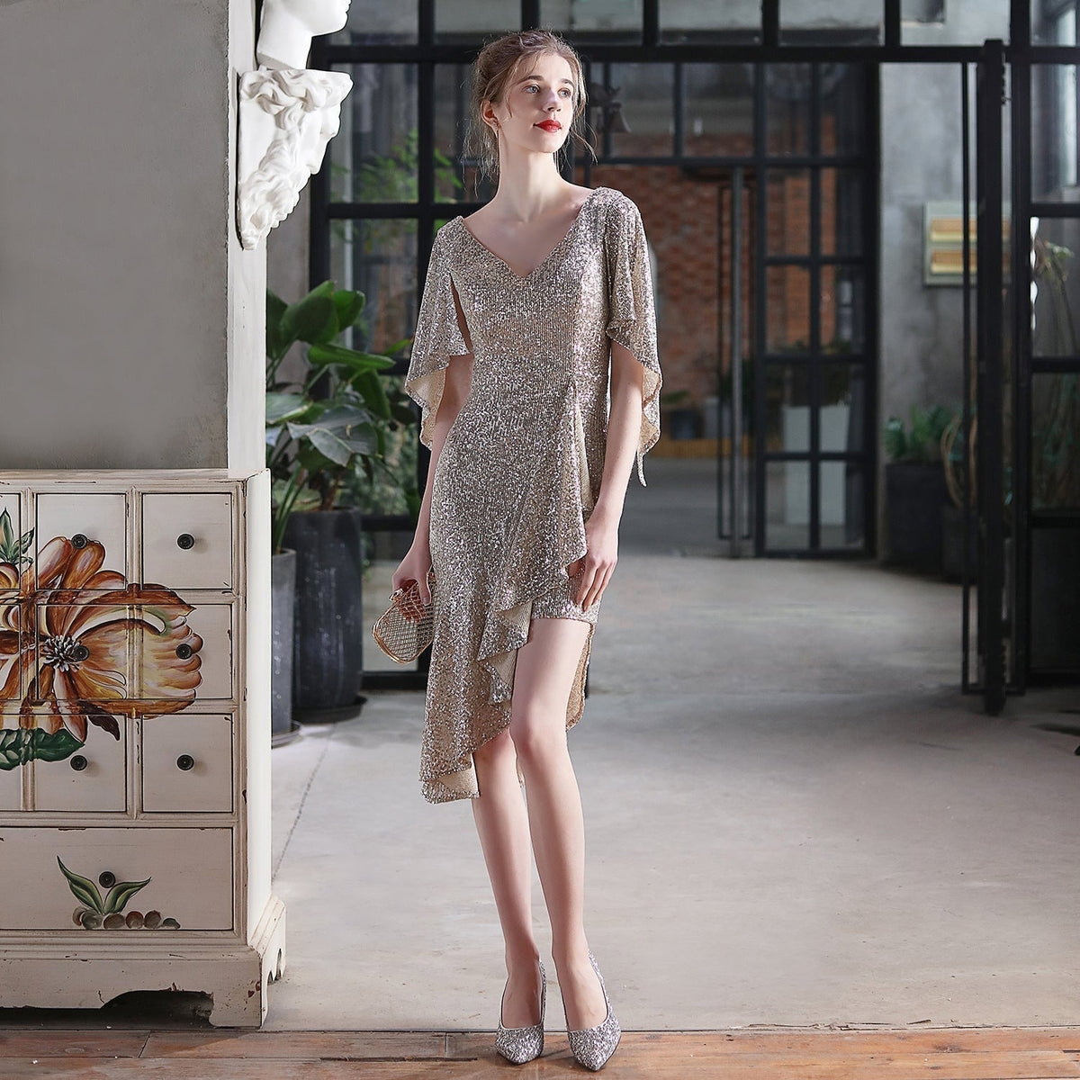 Sequin V-Neck Flutter Sleeve High Low Asymmetric Cocktail Dress - View 4