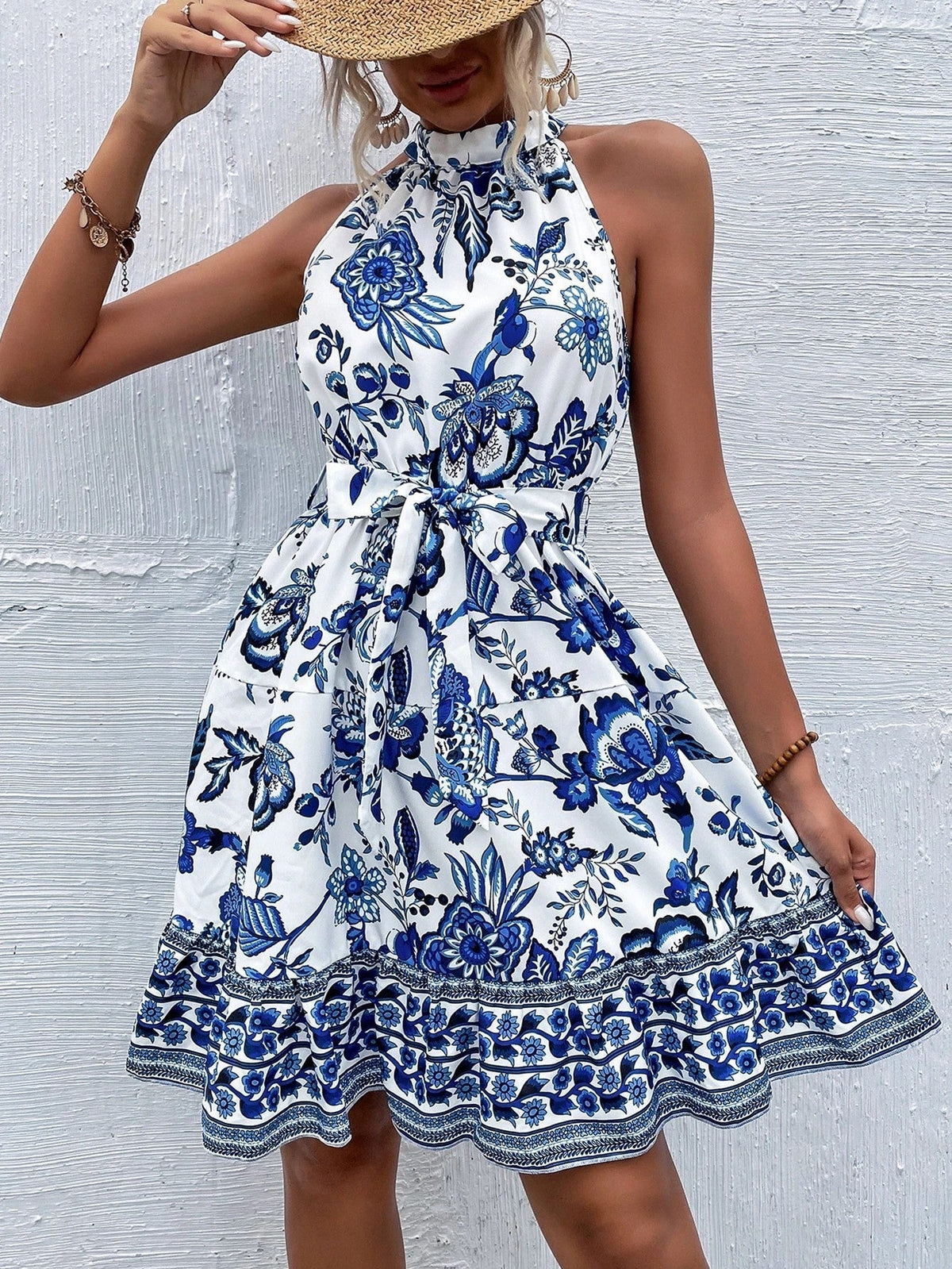 Floral Halter Neck Tiered Ruffle A-Line Summer Mini Dress - View 6