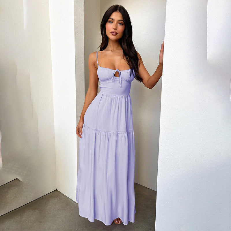 Spaghetti Strap Ruched Tie Front Bust Keyhole Tiered Maxi Dress - View 3
