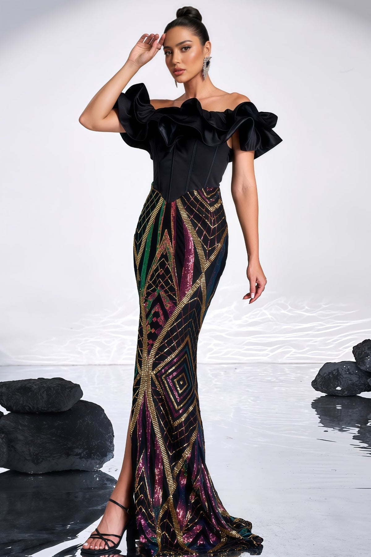 Sequin Off Shoulder Ruffle Corset Bodice High Split Mermaid Maxi Gown - View 5