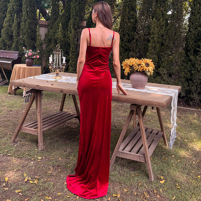 Velvet Spaghetti Strap Sweetheart Ruched High Split Mermaid Gown - View 11