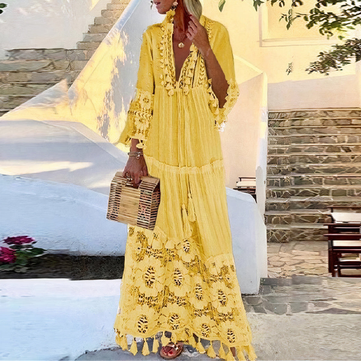 Lace Tassel Trim Flared Cuff Tiered Maxi Summer Dress - View 4