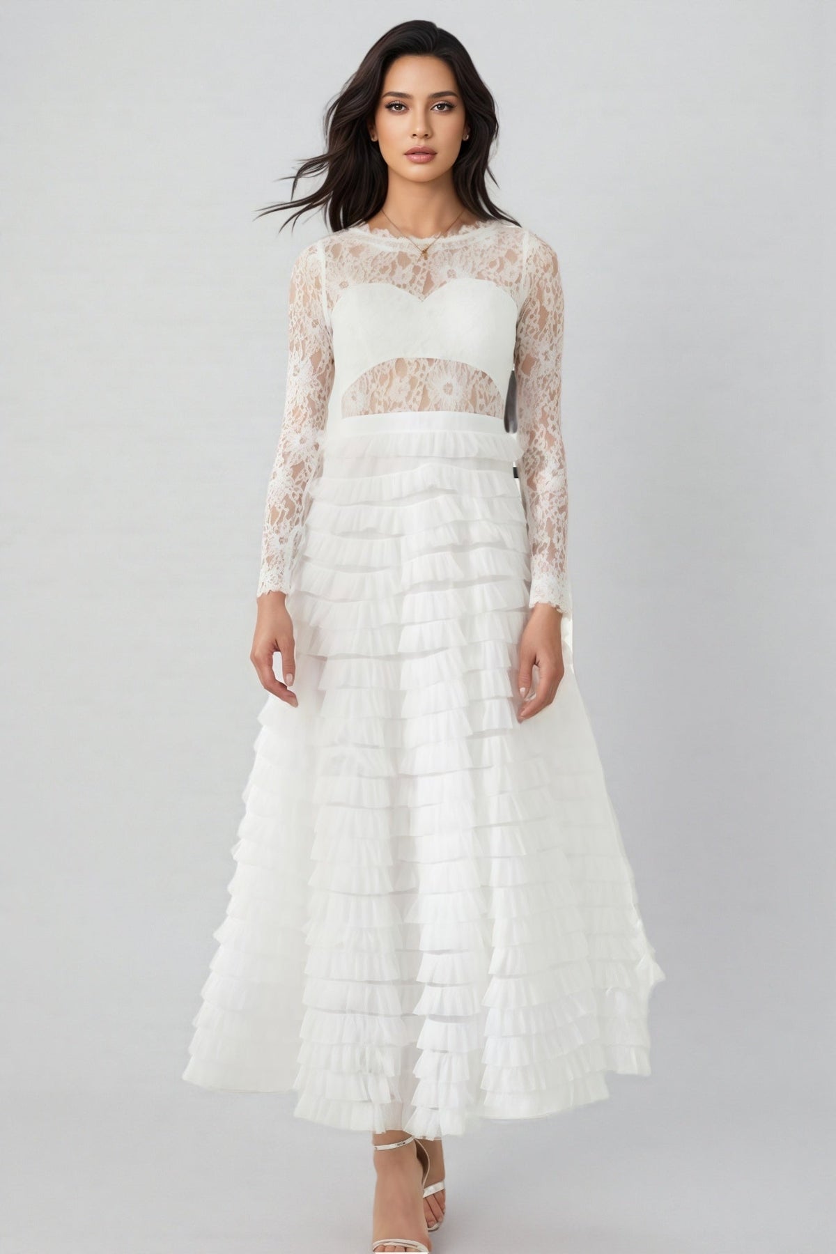 Yuio White Hollow Lace A-line Maxi Dress - View 2