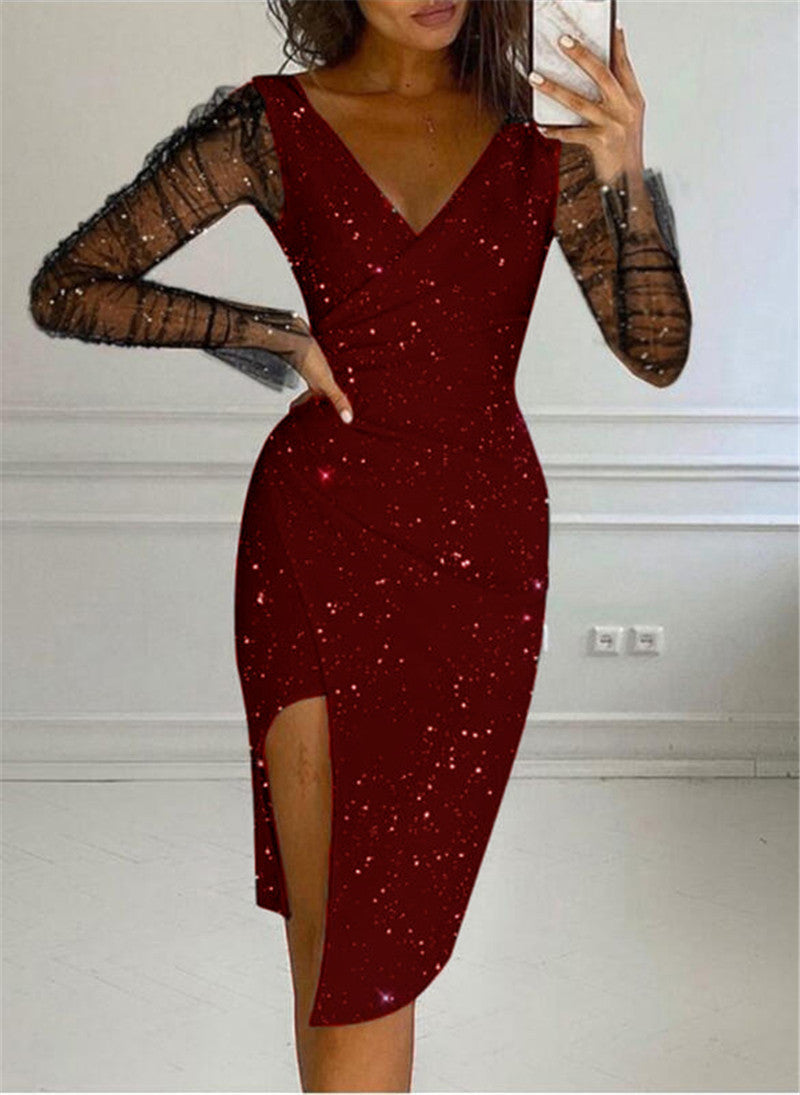 Glitter Star Print Mesh Long Sleeve Deep V-Neck Wrap Cocktail Dress - View 3