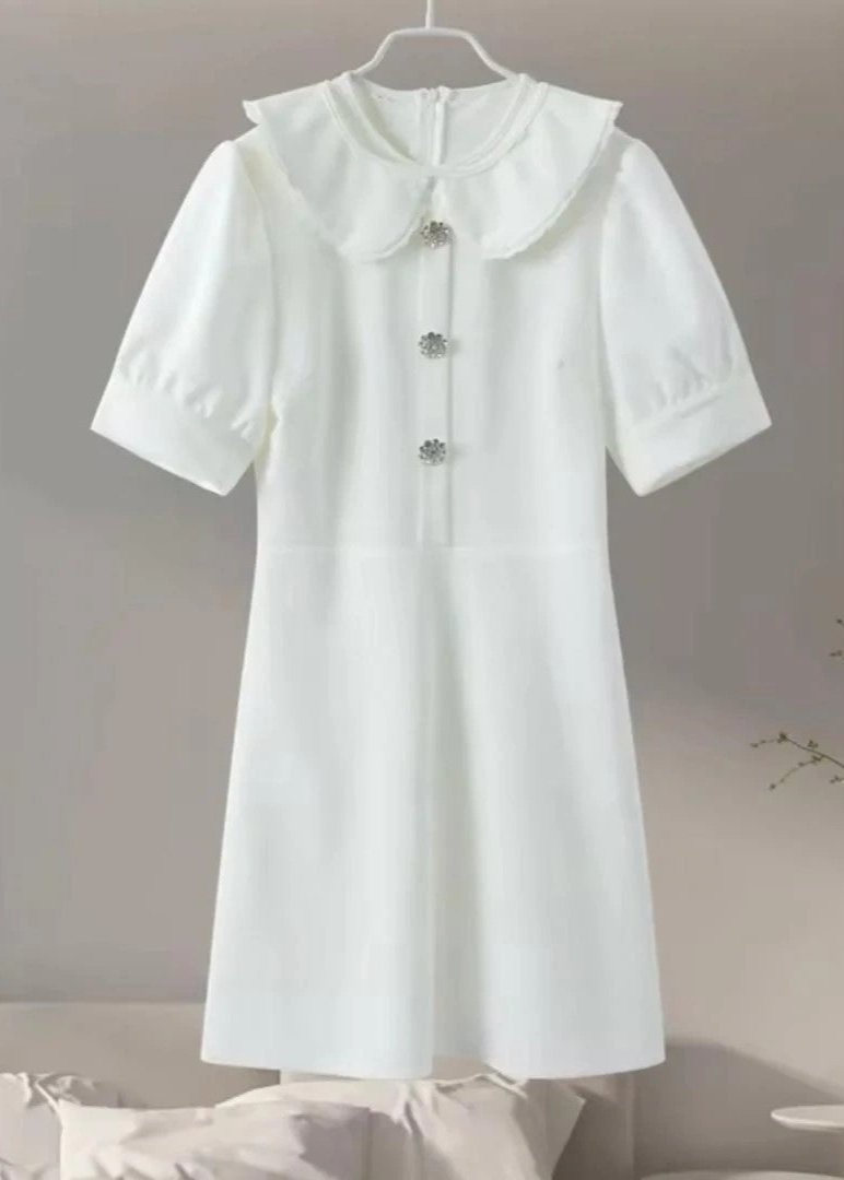 Pearl Button Peter Pan Collar Puff Sleeve A-Line Mini Dress - View 5
