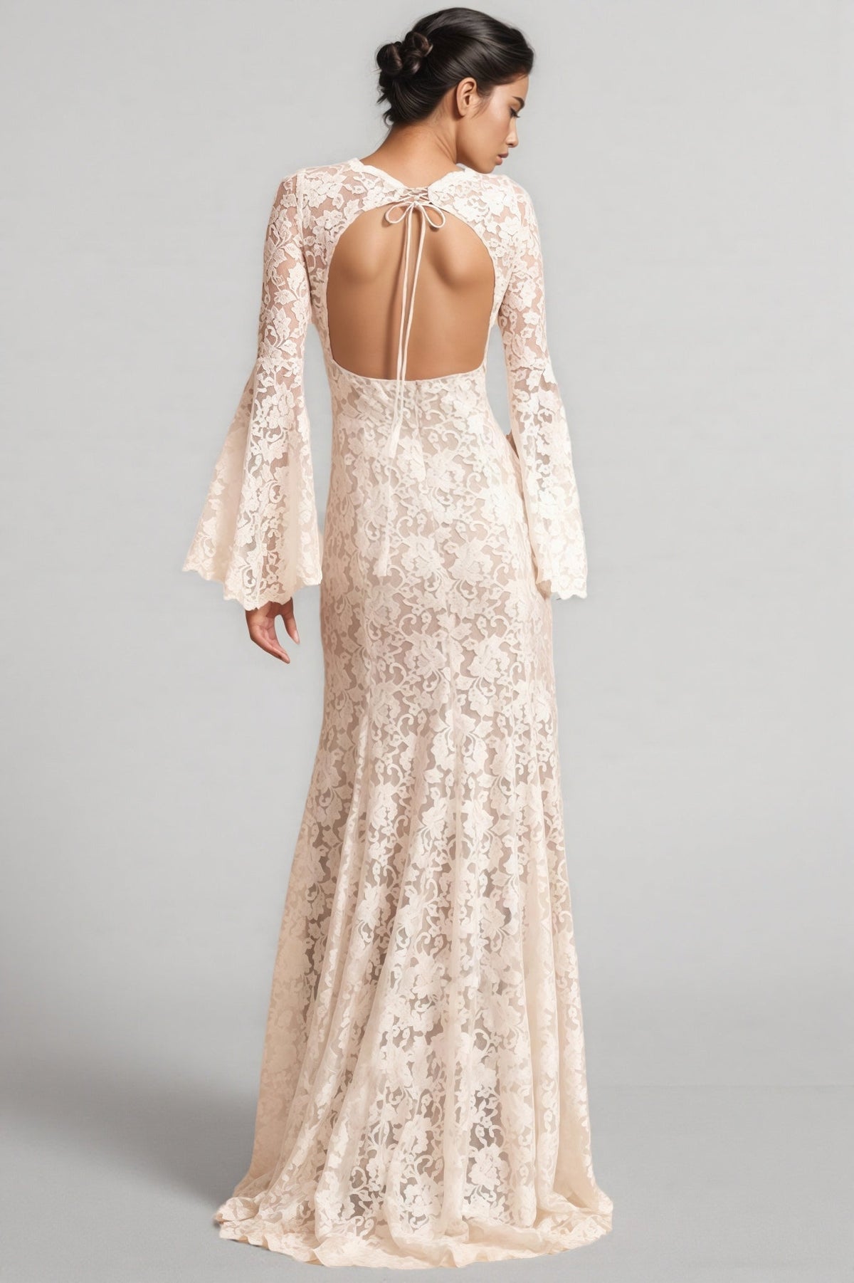 Zettad Flared Sleeve Backless Lace Maxi Dress - View 2