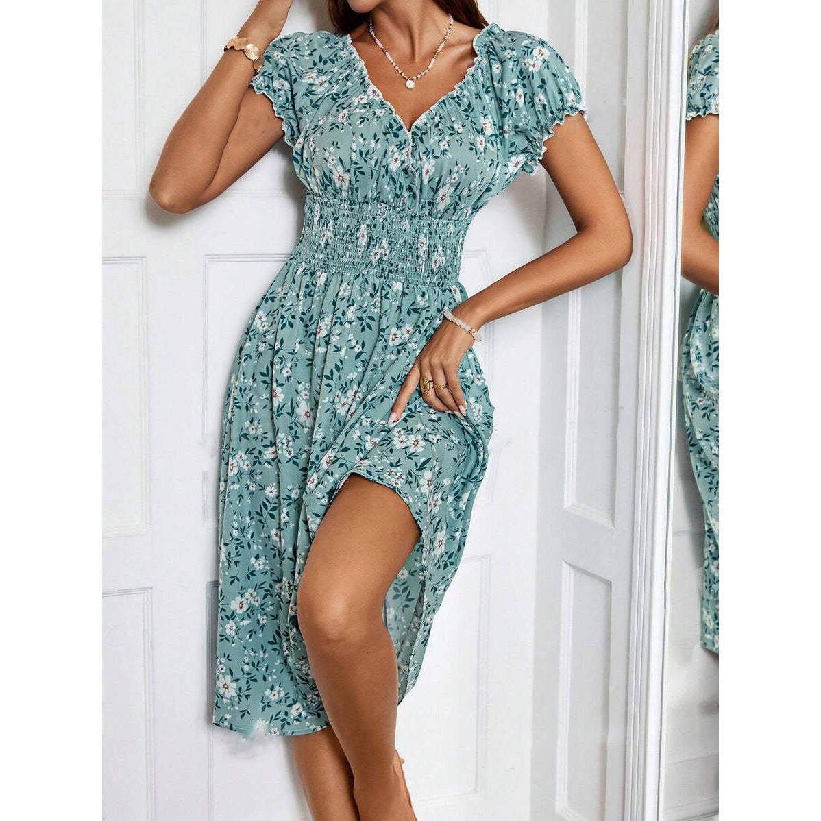 Floral V-Neck Short Sleeve Smocked Waist Fit and Flare Midi Dress - View 4