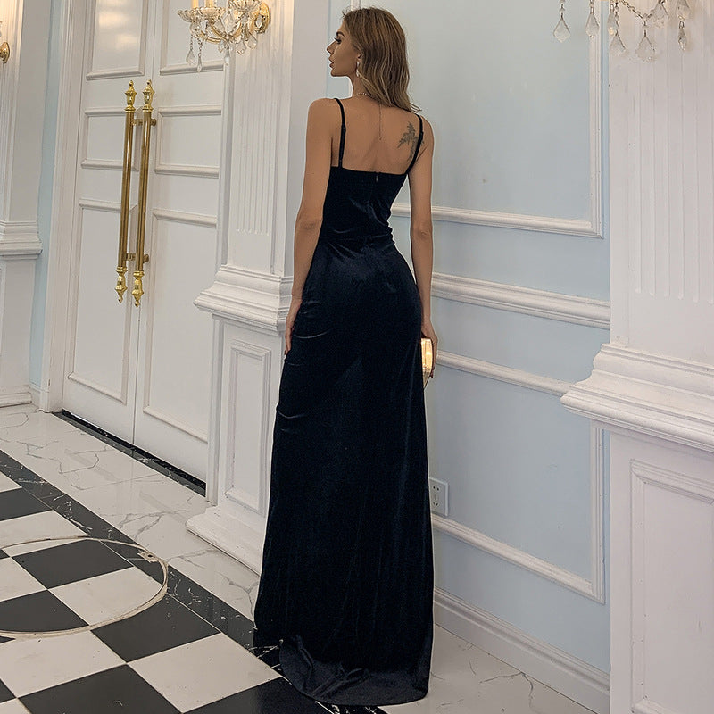 Velvet Spaghetti Strap Sweetheart Ruched High Split Mermaid Gown - View 15