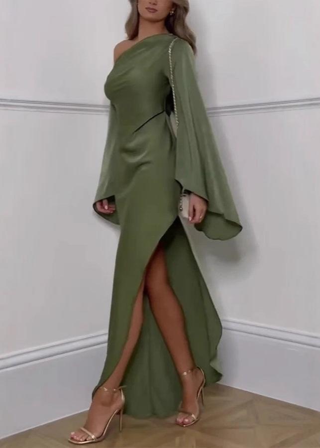 One Shoulder Satin Bell Sleeve High Split Draped Maxi Gown - View 2