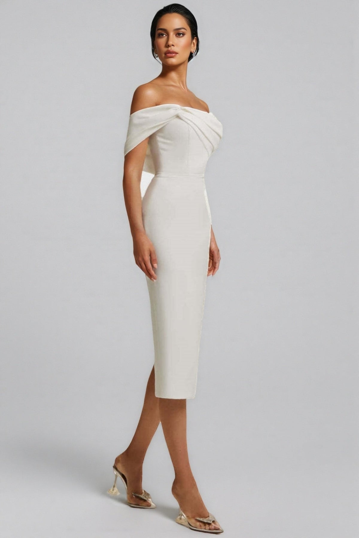 Off Shoulder Twist Front Draped Bodycon Midi Dress - View 2