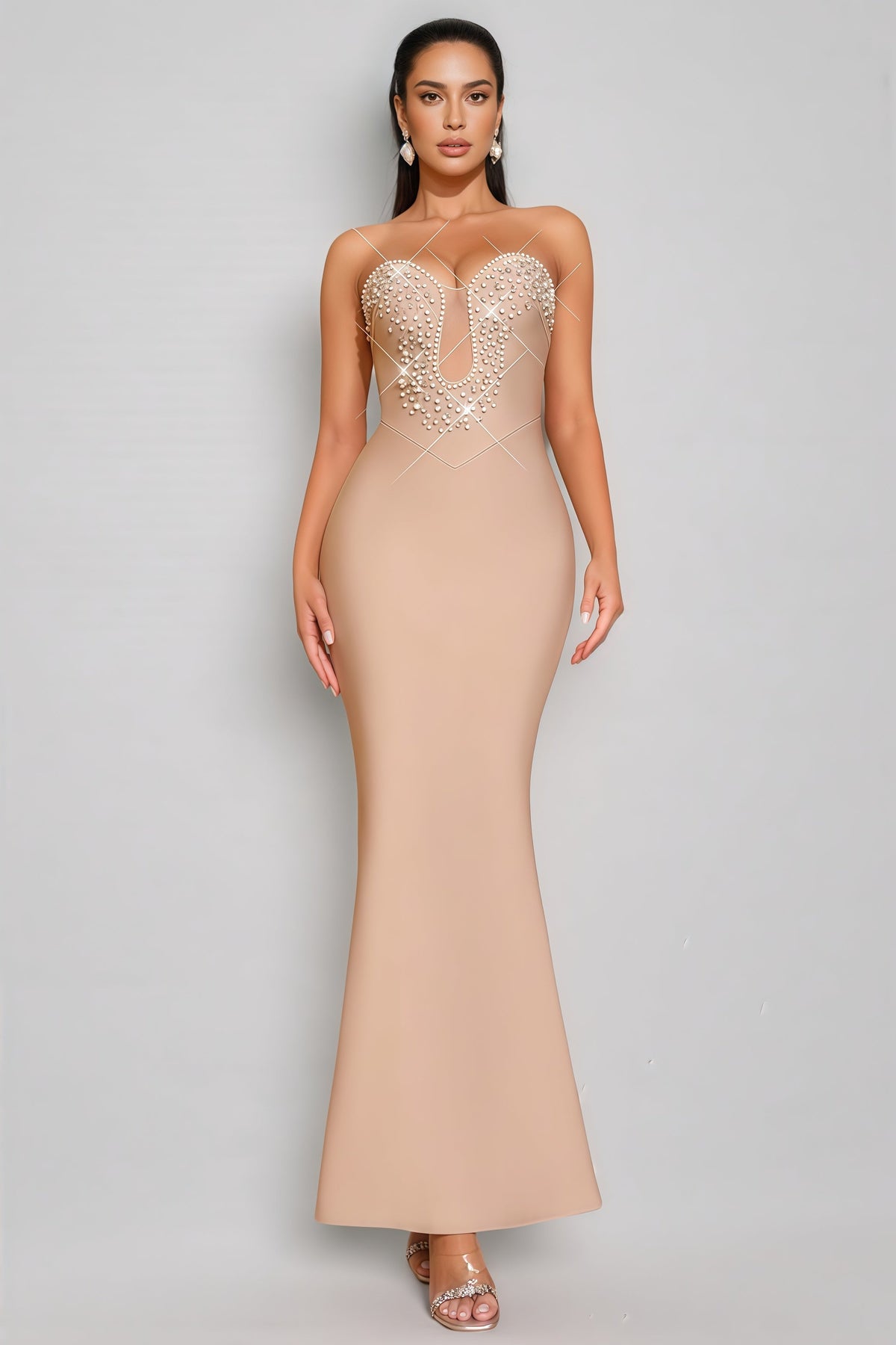 Pearl Rhinestone Sweetheart Plunge Illusion Mermaid Maxi Gown